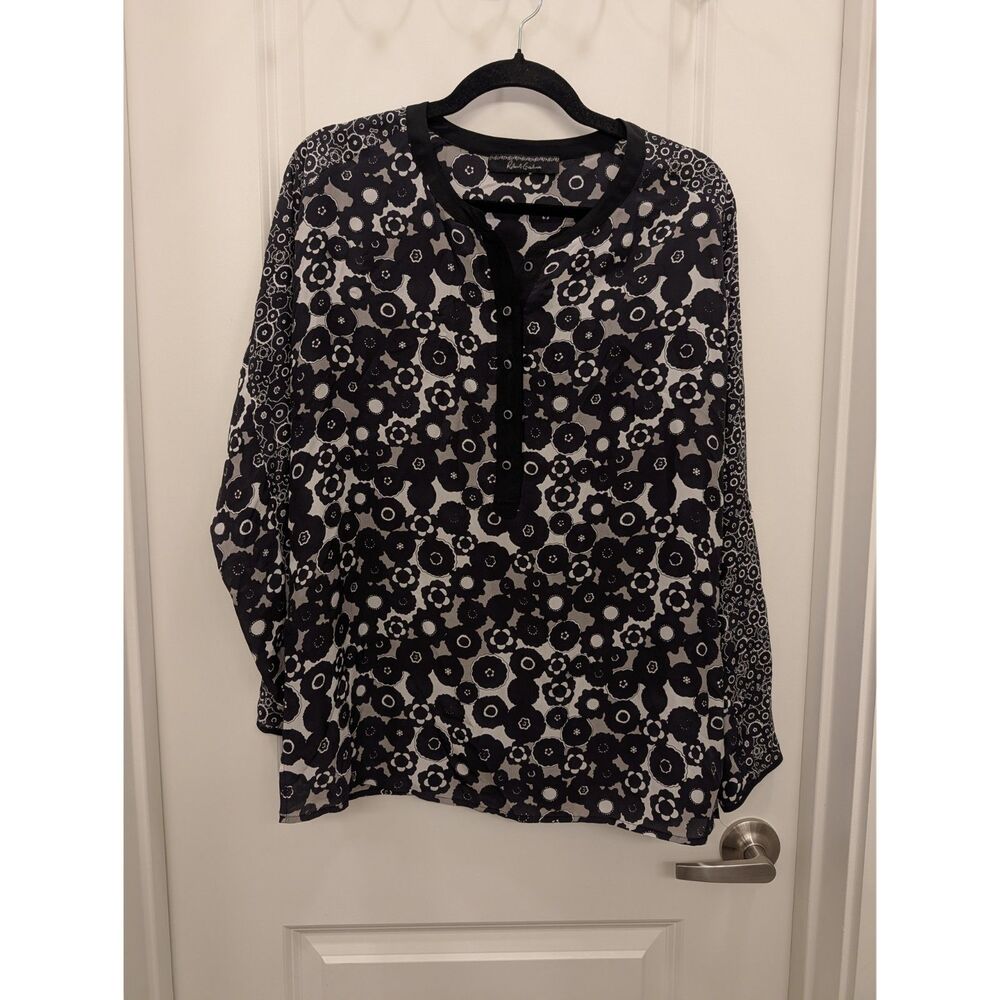 Robert Graham Women's Black White Floral Print Silk Long Sleeve Henley Blouse XL